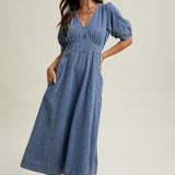 Cotton Denim Puff Sleeve Midi Dress