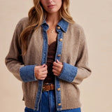 Denim Collar Contrast Knit Cardigan, Mocha