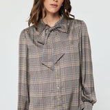 LS Plaid Neck Tie Blouse