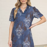Navy Ruffled V-Neck Shift Dress