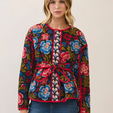 Floral Print Belted Jacket - Black