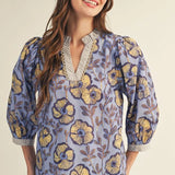 Blue Floral 3/4 Length Sleeve Top