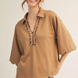 Taupe Scalloped Sleeve Top