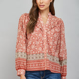 Border Print Ruffled Neck