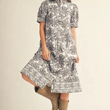 Charcoal Puff Sleeve Midi- Floral Dress